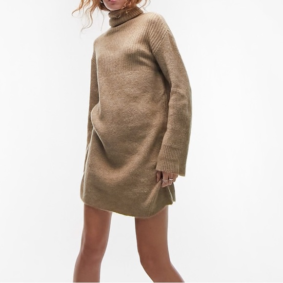 👑Topshop Women's Knitted Oversized Rollneck Sweater Dress Oat Brown Size L - Picture 2 of 11